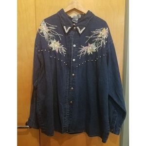 Club Z Embroidered & Beaded Denim Blouse Sz 4X